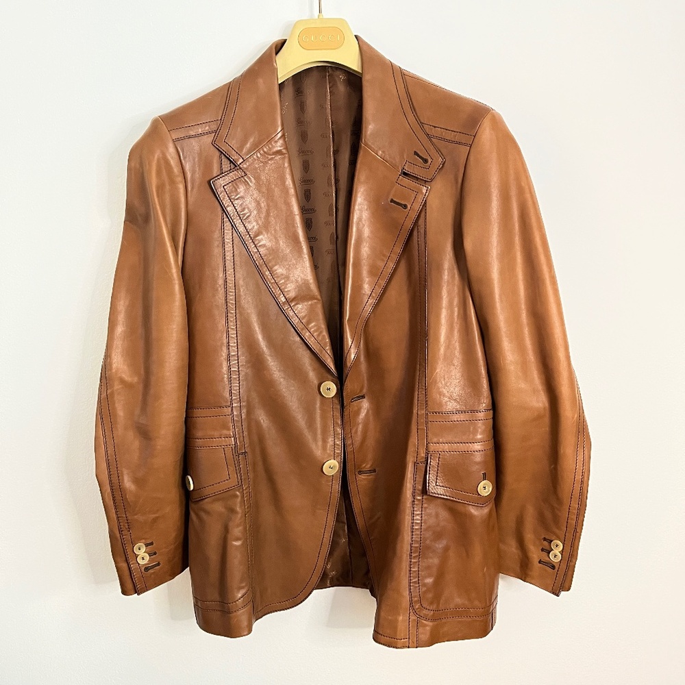 Gucci Mens Cognac Cuoio Leather Blazer Size 50 (euro) 40 (Am)